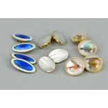 THREE PAIRS OF CUFFLINKS to include a pair of oval chain link cufflinks inlaid with mother of pearl,