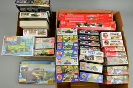 A QUANTITY OF BOXED UNBUILT AND PART BUILT PLASTIC MILITARY VEHICLE CONSTRUCTION KITS, contents