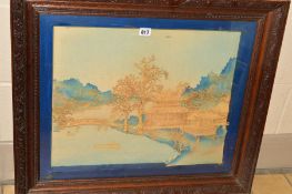 A FRAMED AND MOUNTED CORK 3-D ORIENTAL PICTURE, 43cm x 53cm