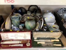 TWO BOXES AND LOOSE CERAMICS, SUNDRIES ETC, to include two cased carving sets, Denby, Royal Crown
