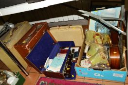 A BOX AND VARIOUS CASES etc to include clocks, Boosey & Co clarinet, Masonic suitcase with booklets,