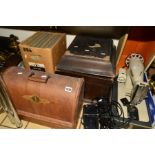 A CASED SINGER SEWING MACHINE, a Lada sewing machine, a HMV gramophone (s.d.), a box of records