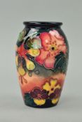 A SMALL MOORCROFT POTTERY VASE, 'Oberon' pattern, impressed marks and painted 93 to base, height