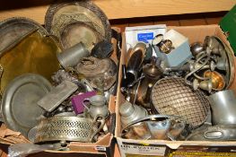 TWO BOXES OF PLATED, PEWTER WARES ETC, to include entree dish, trays, hollowares etc