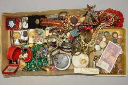 TWO BOXES OF MAINLY JEWELLERY AND COINS to include mainly currency coins, a silver compact with