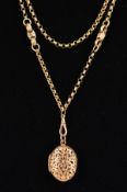 A LATE VICTORIAN 9CT GOLD GUARD CHAIN SUSPENDING A MODERN 9CT GOLD LOCKET, the belcher link guard