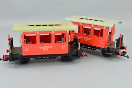 TWO UNBOXED PLAYMOBIL G SCALE PASSENGER COACHES, 1st Class (no.4117?) and 2nd Class (no.7511),
