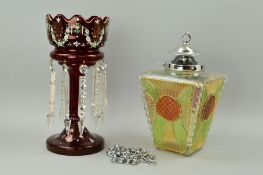 A VICTORIAN RUBY COLOURED GLASS LUSTRE VASE with clear prism drops, height 35cm, together with a