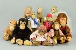 A COLLECTION OF MONKEY SOFT TOYS, to include Steiff, No.060731, height approximately 39cm, all the