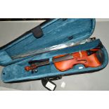 A CASED STUDENT VIOLIN AND BOW, paper label 'Primavera'