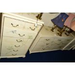 A LOW MODERN HEAVY CHEST OF THREE OVER FOUR DEEP DRAWERS, cream ground with painted floral and