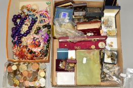 TWO BOXES OF JEWELLERY, COINS etc to include some butterfly earring backs, single ear studs and a