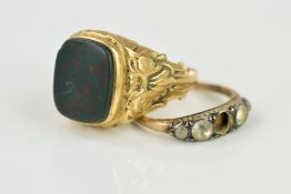 TWO 9CT GOLD RINGS to include a signet ring set with a rectangular bloodstone and engraved detail to