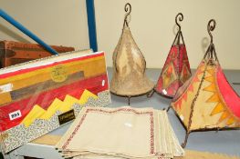 A BOXED HILDENA TABLECLOTH SET, other napkins and three novelty ceiling shades