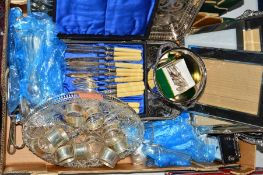 A BOX OF SILVER PLATE including napkin rings, trays, photograph frames, etc