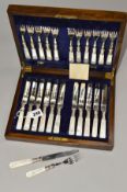 AN EARLY 20TH CENTURY CASED SET OF MOTHER OF PEARL HANDLED AND SILVER PLATED DESSERT KNIVES AND