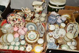 TWO BOXES AND LOOSE CERAMICS etc to include Shelley 'Phlox' jug, Masons, Mintons, Wedgwood,