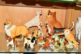 THIRTEEN BESWICK DOGS, BIRDS AND CATS, to include Fox No1748, pheasant No767A, Blue Tit No992B (x2),