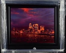 KEITH FULFORD (BRITISH 1962) LONDON SKYLINE AT NIGHT, signed bottom right, framed acrylic on canvas,