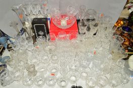 A QUANTITY OF CUT GLASS, etc, to include epergne stand with four glass flutes, boxed Royal