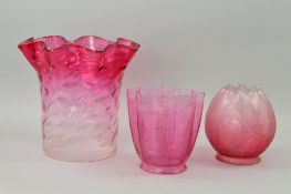 THREE CRANBERRY COLOURED GLASS SHADES, largest height 22cm (3)