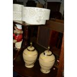 A PAIR OF TABLE LAMPS WITH SQUARE SHADES, various ceiling shades and a Hermle wall clock, (