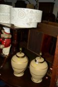A PAIR OF TABLE LAMPS WITH SQUARE SHADES, various ceiling shades and a Hermle wall clock, (