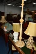 A QUANTITY OF VARIOUS INTERIOR AND EXTERIOR LAMPS, to include a foliate carved table lamp, ceramic