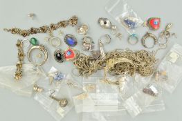A SELECTION OF SILVER AND WHITE METAL JEWELLERY to include chain necklaces, brooches, earrings,