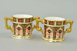 TWO MINIATURE ROYAL CROWN DERBY IMARI LOVING CUPS, '1128' pattern, approximate heights 3.5cm