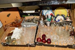 FOUR BOXES AND A SUITCASE OF GLASSWARES, CERAMICS, COLLECTORS SPOONS, ETC, to include a tin lined