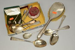 A PARCEL OF SILVER AND PLATE, including late Georgian and later flatware, a boxed silver golf tee