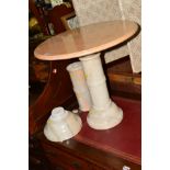 A PAIR OF CIRCULAR TOPPED MARBLE OCCASIONAL TABLES, diameter 58cm x height 55cm (one table broken)