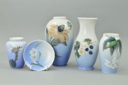 FIVE PIECES ROYAL COPENHAGEN, to include four vases, No2289 height 17.5cm, No2680 height 18cm,