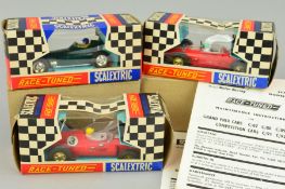 THREE BOXED SCALEXTRIC RACED-TUNED CARS, Cooper, No.C88 red body with racing number 3, B.R.M., No.