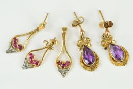 TWO PAIRS OF EARRINGS AND A PENDANT to include a pair of amethyst drop earrings, the pear shape