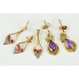 TWO PAIRS OF EARRINGS AND A PENDANT to include a pair of amethyst drop earrings, the pear shape