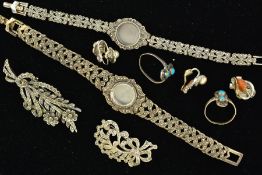 A SELECTION OF MARCASITE JEWELLERY to include two watches, two rings, two pairs of earrings and