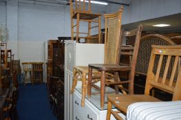 TWO BEECH CHAPEL CHAIRS, a single elm chair, two beech chairs and a wicker chair (6)