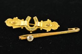 TWO LATE 19TH TO EARLY 20TH CENTURY 9CT GOLD BROOCHES, the first designed with a central horse