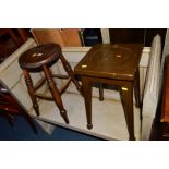 A GEORGIAN OAK CIRCULAR TOPPED STOOL and a painted stool (2)