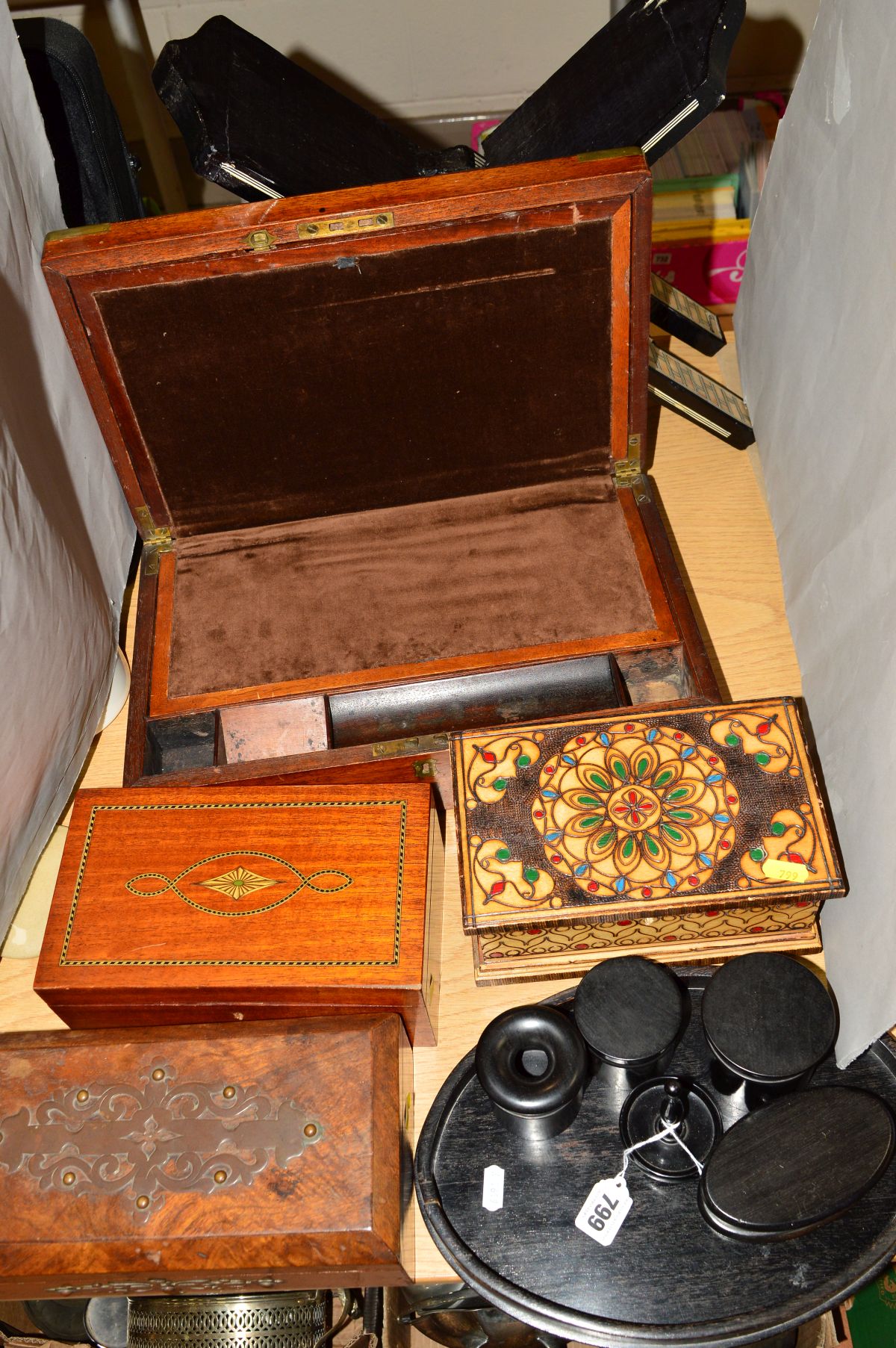 A BRASS BOUND WRITING SLOPE, an inlaid work box, a novelty set of three graduating boxes, another