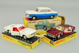THREE BOXED DINKY TOYS CAR MODELS, B.M.W 2000 Tilux, No.157 (indicators not tested), Ford Mustang