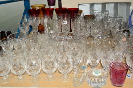 A QUANTITY OF CUT/COLOURED GLASSWARES, to include bowls, vases, glass etc