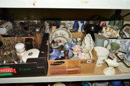 FIVE BOXES OF CERAMICS, GLASS ETC, to include Delft, Spode, Worcester, Aynsley, Derby, Scent bottles