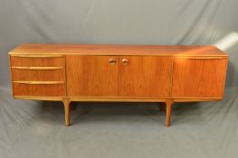 A MCINTOSH & CO TEAK SIDEBOARD, flanked by three graduating drawers, fall front compartment