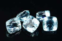 FIVE CUSHION CUT AQUAMARINES, measuring on average 11.3mm in diameter (each), total weight 36.