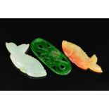 THREE PIECES OF CARVED JADEITE, to include two Koi Carp, one pale brown and one light green, each