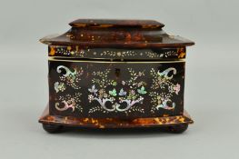 AN EARLY 19TH CENTURY TORTOISESHELL AND MOTHER OF PEARL FOLIATE INLAID TEA CADDY, of bow front