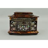 AN EARLY 19TH CENTURY TORTOISESHELL AND MOTHER OF PEARL FOLIATE INLAID TEA CADDY, of bow front